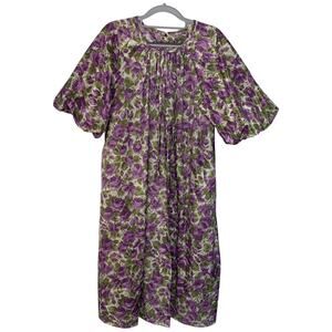 Vintage Keyloun Fifth Ave NY 50s 60s Purple Floral Puff Sleeve Dressing Gown